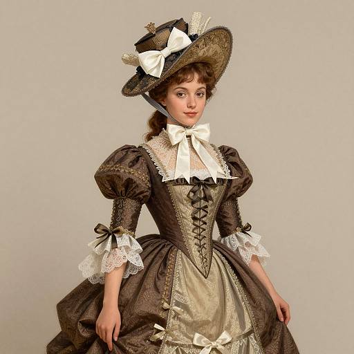 Photograph of a Victorian-era woman in a black and cream lace dress with puffed sleeves, white ribbon bow, and decorative hat.