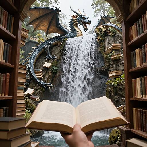Ancient Library Dragon with Book Waterfall
