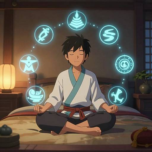 Anime-style digital artwork of a young male meditating on a bed, surrounded by glowing, blue, mystical symbols in a dimly lit room.