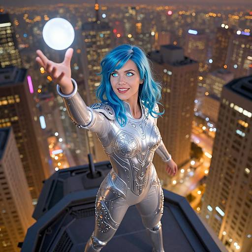 CGI image of a blue-haired woman in a silver, patterned bodysuit holding a glowing orb above a city skyline at night.