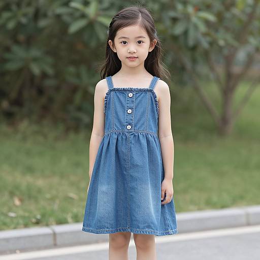 Photograph of a young Asian girl with long black hair, wearing a sleeveless blue denim dress with white buttons, standing in a green, leafy