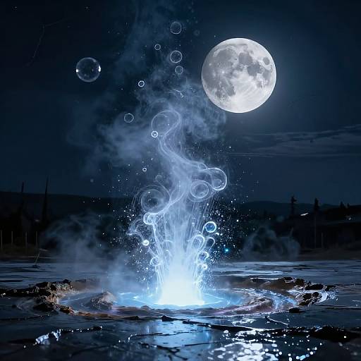 Photograph of a bright moonlit night, with a large full moon illuminating a splash of water creating glowing bubbles on a dark, reflective surface.