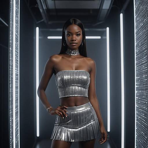 Fashion Portrait of Woman in Silver Metallic Outfit