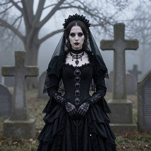 Gothic Victorian Woman in Misty Graveyard