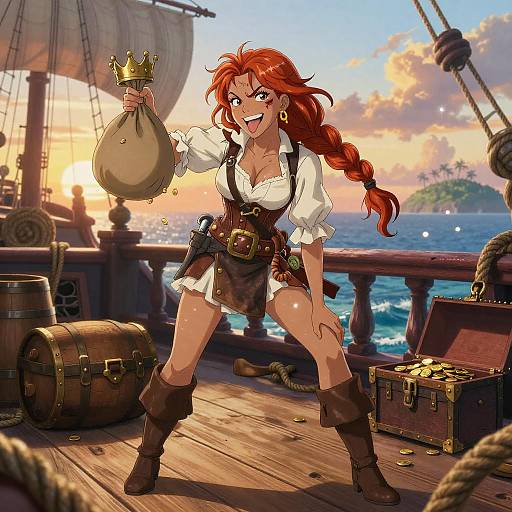 Playful Redheaded Pirate on Ship Deck with Treasure