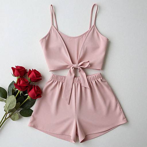 Photograph of a pink, sleeveless, knotted romper with a gathered waist, laid out on a white surface with three red roses on the