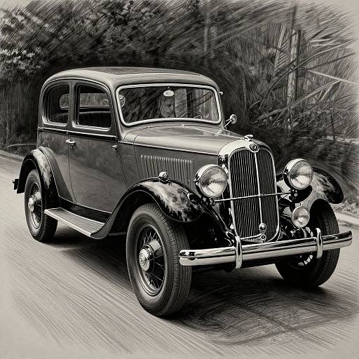 Black-and-white photograph of a vintage, classic 1930s car with a shiny chrome grille, rounded fenders, and large headlights, driving on