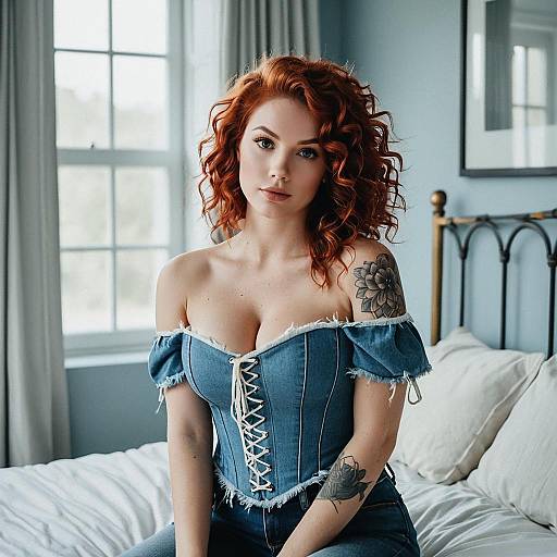 Redhead Woman in Denim Corset Top