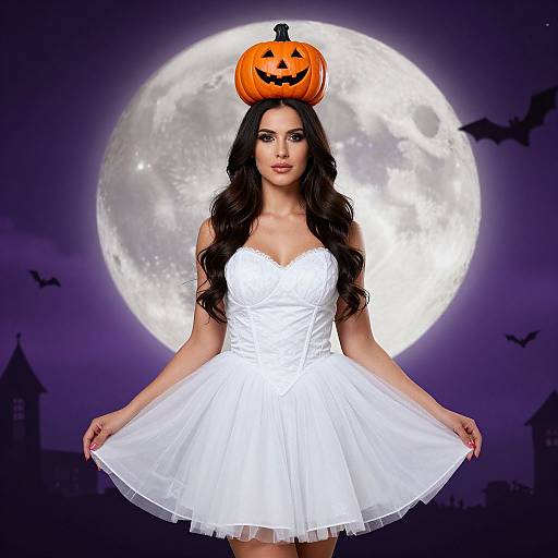 Photograph of a woman with long black hair, wearing a white strapless dress, holding out its skirt, with a pumpkin on her head, against