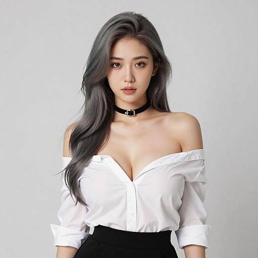 Portrait of Woman with Off-Shoulder Shirt and Black Choker