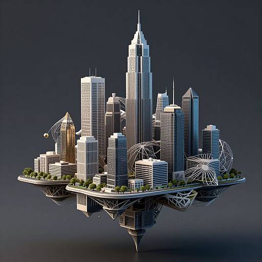 Digital 3D rendering of a futuristic floating cityscape with skyscrapers, Ferris wheels, and greenery against a dark blue gradient background.