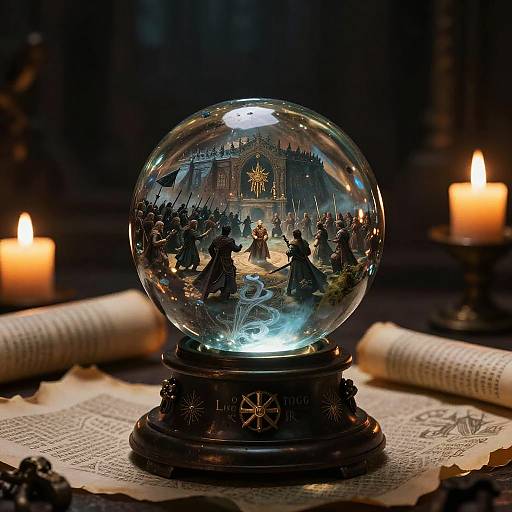Photograph of a crystal snow globe depicting a medieval Christmas scene, illuminated by candles, on a vintage parchment background.
