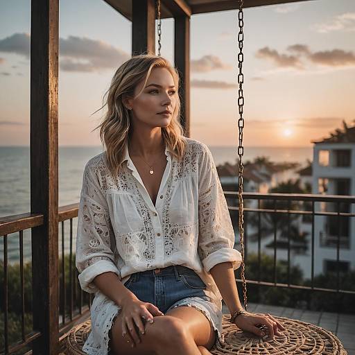 Woman Sitting on Wicker Swing Chair at Sunset