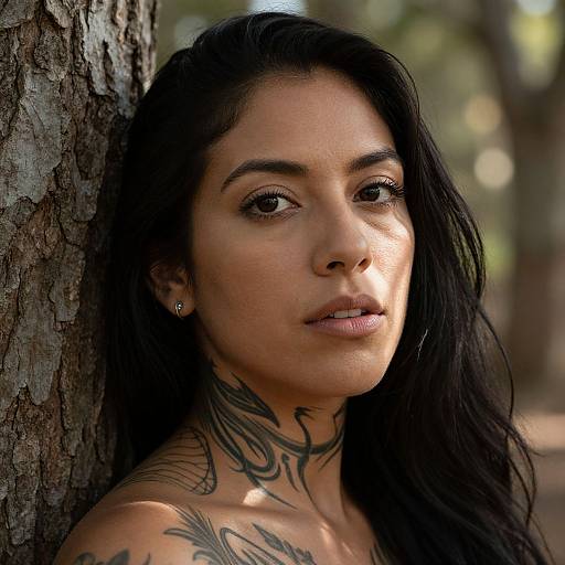 Photograph of a tattooed woman with long black hair, brown eyes, and medium skin tone, leaning against a tree in a sunlit forest.