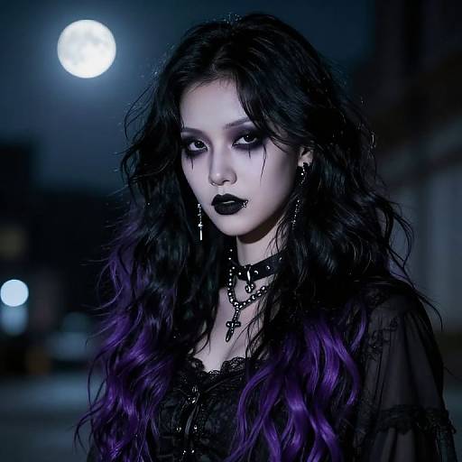 Gothic woman with long, wavy black and purple hair, dark lipstick, black dress, and gothic jewelry under a glowing full moon.