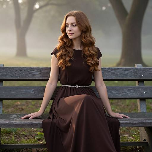 Photograph of a fair-skinned woman with long, wavy auburn hair, wearing a black dress with a silver belt, sitting on a