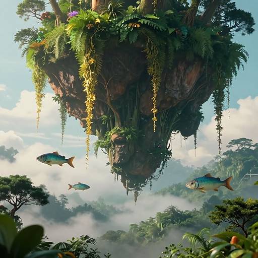 Fantastical digital art of a lush, floating rock island with vines and plants, surrounded by colorful fish, set against a misty, cloudy sky