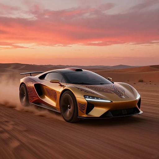 Photorealistic CGI of a golden, aerodynamic sports car with black tribal patterns speeding through a desert at sunset. Dust trails behind, sky painted in