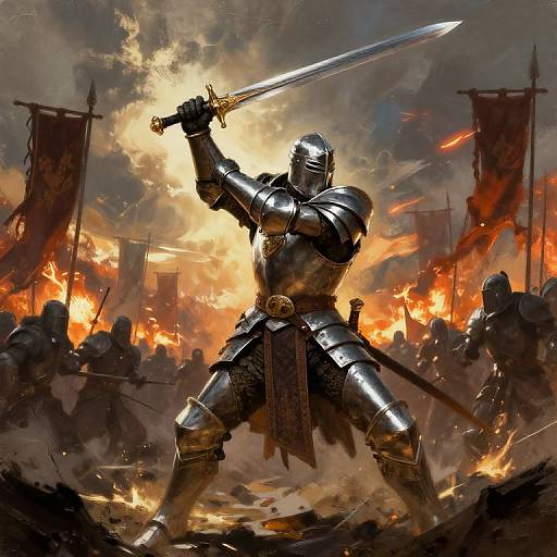 Digital fantasy artwork of a armored knight wielding a sword, standing victorious amidst a chaotic battlefield with blazing fires and flags.