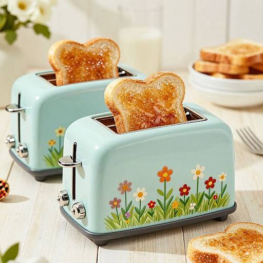 Photograph of two light blue, flower-decorated toaster appliances with heart-shaped toasted bread, on a bright, sunlit wooden table.