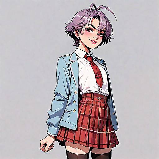 Androgynous Purple-Haired Schoolgirl Smug Pose