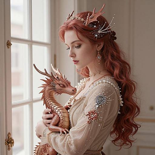 Photograph-like digital artwork of a fair-skinned, red-haired woman with intricate crown and jewelry, gently holding a detailed, scaled dragon, standing by