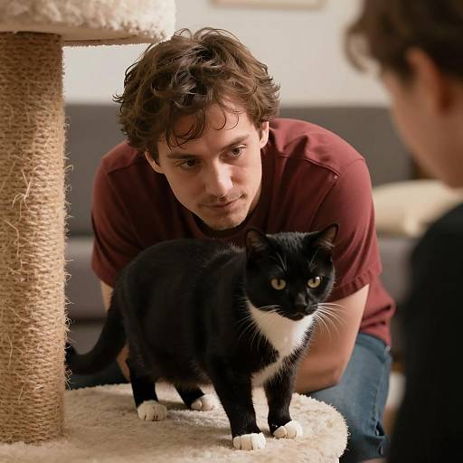 Focused Man Interacting with a Cat