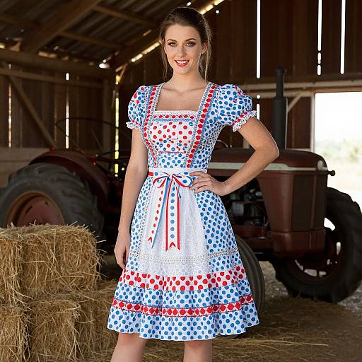 Photograph of a smiling woman in a blue and white polka dot dress with red accents, standing in a barn with hay bales and a red