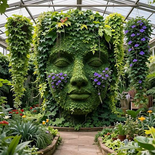 Photograph of a lush green face-shaped wall in a glass greenhouse, adorned with vines, purple flowers, and colorful plants.