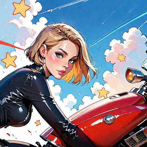 Retro Futuristic Woman on Red Motorcycle
