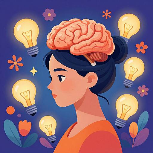 Digital illustration of a woman with a brain on her head, surrounded by glowing light bulbs and colorful flowers on a blue background.