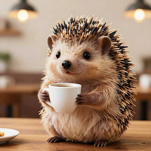 Smiling Hedgehog with Coffee Cup