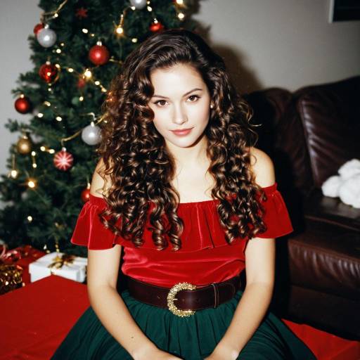 Young Woman in Festive Outfit by Christmas Tree Young Woman in Festive Outfit by Christmas Tree