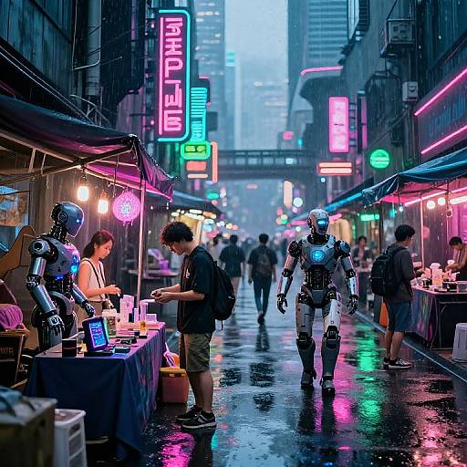 Neon-lit, futuristic street market at night with a rainy sidewalk. Human and robot vendors, colorful neon signs, and shoppers in a cyberpunk