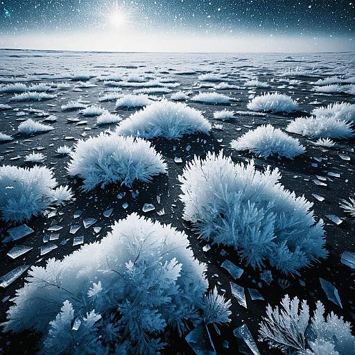 Frozen Tundra with Icy Crystals Under Starry Sky