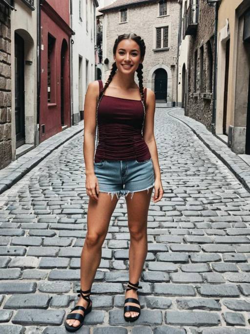 Young Woman Standing on Cobblestone Street
