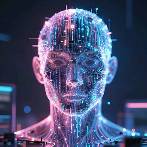Digital CGI of a glowing, neon-blue and pink, wireframe human face with illuminated circuit lines, set against a dark, futuristic background.