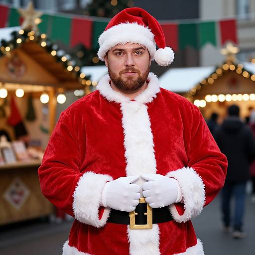 Photograph of a bearded man in a red velvet Santa suit with white fur trim, black belt, and hat, standing in front of a festive