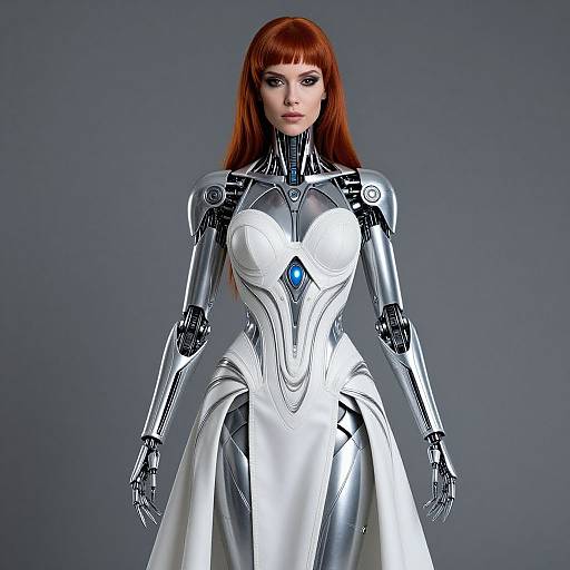 Digital art of a red-haired woman with cybernetic armor in a white, strapless gown with blue gem, standing against a gray background.