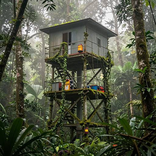 Photograph of a rustic, elevated jungle cabin surrounded by dense, misty greenery with vines and plants, featuring two glowing lights on the wooden balcony