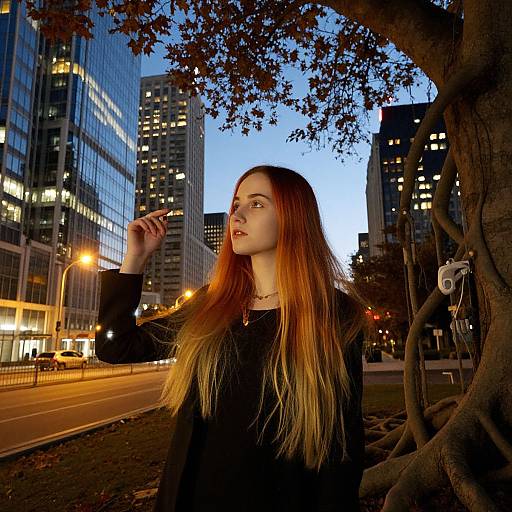 Photograph of a long-haired, fair-skinned woman in a black top, standing by a tree in a cityscape at dusk, with tall illuminated