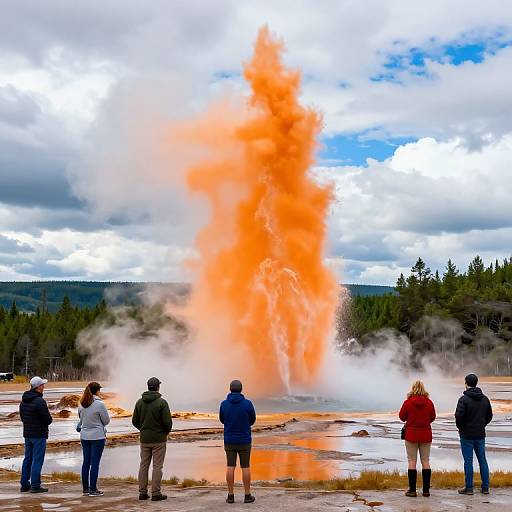 Photograph of six people in winter clothing standing in front of an erupting geyser with bright orange steam, surrounded by a forest and cloudy sky