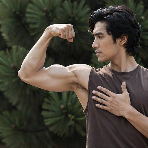 Focused Man Flexing Muscles Outdoors