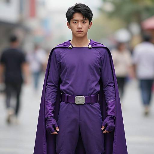 Photograph of an Asian teenage boy with short black hair, wearing a purple superhero costume with cape, standing in a blurred city street.