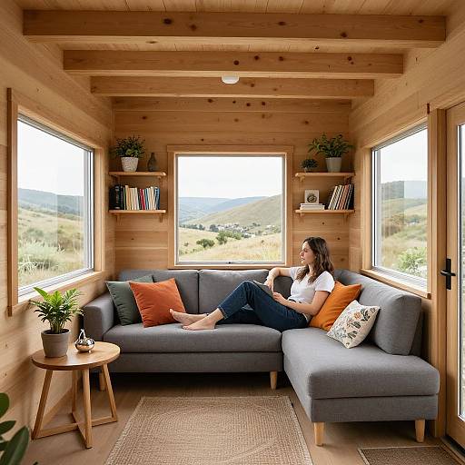 Photograph of a woman with long brown hair, wearing a white shirt and blue jeans, reading on a gray couch in a wooden, sunlit living