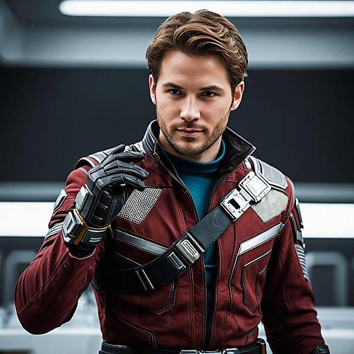 Man in Sci-Fi Outfit with Brown Hair and Gloves