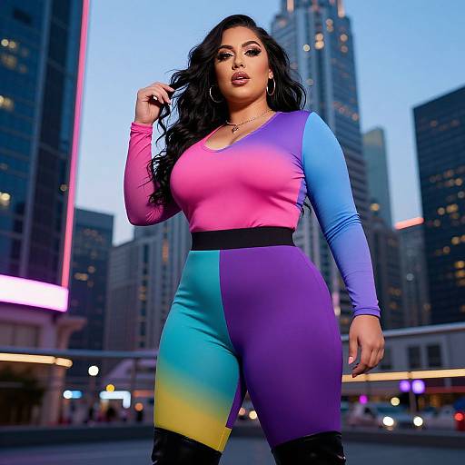 Photograph of a curvy Latina woman with long black hair, wearing a colorful gradient bodysuit (pink, blue, purple, yellow), black
