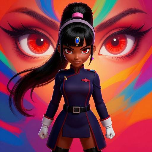Digital artwork of an anime-style girl with dark skin, black hair in a high ponytail, red eyes, wearing a navy uniform, white gloves,