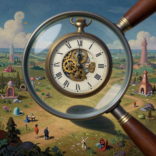 Photograph-like digital art: A magnifying glass focuses on a detailed, steampunk-style clock with gears, set against a whimsical, colorful