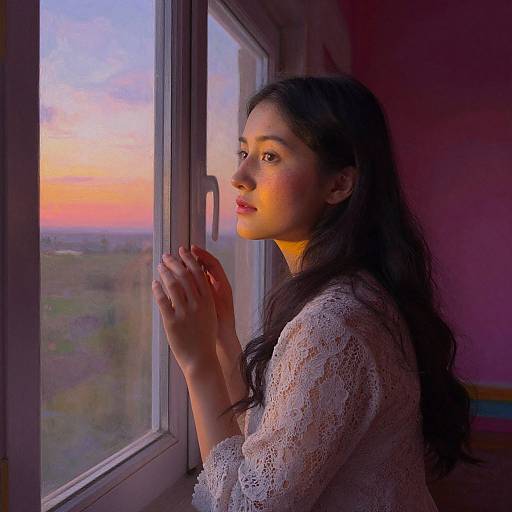 Photograph of a young woman with long dark hair, wearing a white lace top, gazing out a window at a vibrant sunset, hands clasped
